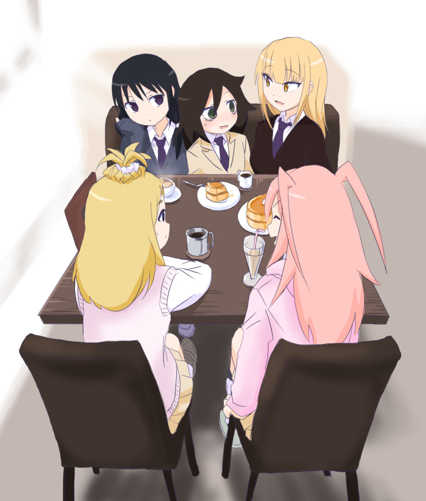 5girls :d ^_^ bags_under_eyes black_eyes black_hair blazer blonde_hair cafe chair closed_eyes commentary_request cup drink drinking_straw food from_behind girl_sandwich green_eyes hair_between_eyes hair_ornament hair_scrunchie hand_on_own_cheek highres jacket katou_asuka kuroki_tomoko loafers long_hair multiple_girls necktie nemoto_hina okada_akane open_mouth pasukumeru pink_hair pink_hoodie plate profile sandwiched school_uniform scrunchie shoes sitting skirt smile sweatdrop sweater sweater_vest table tamura_yuri thick_eyebrows two_side_up watashi_ga_motenai_no_wa_dou_kangaetemo_omaera_ga_warui! yellow_eyes