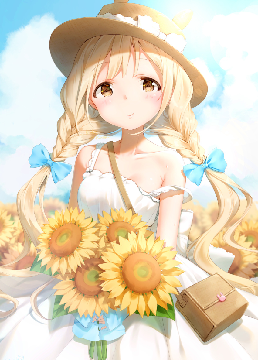1girl animal_ears animal_hat bag bangs bare_shoulders blonde_hair blue_bow blue_sky blurry blurry_background blush bouquet bow braid breasts brown_eyes brown_hat bunny_hat closed_mouth clouds cloudy_sky collarbone commentary_request day depth_of_field dress eyebrows_visible_through_hair field flower flower_field futaba_anzu hair_bow hat highres holding holding_bouquet idolmaster idolmaster_cinderella_girls long_hair low_twintails outdoors rabbit_ears shiratama_akane shoulder_bag sky sleeveless sleeveless_dress small_breasts smile solo strap_slip sun_hat sunflower twin_braids twintails very_long_hair white_dress yellow_flower