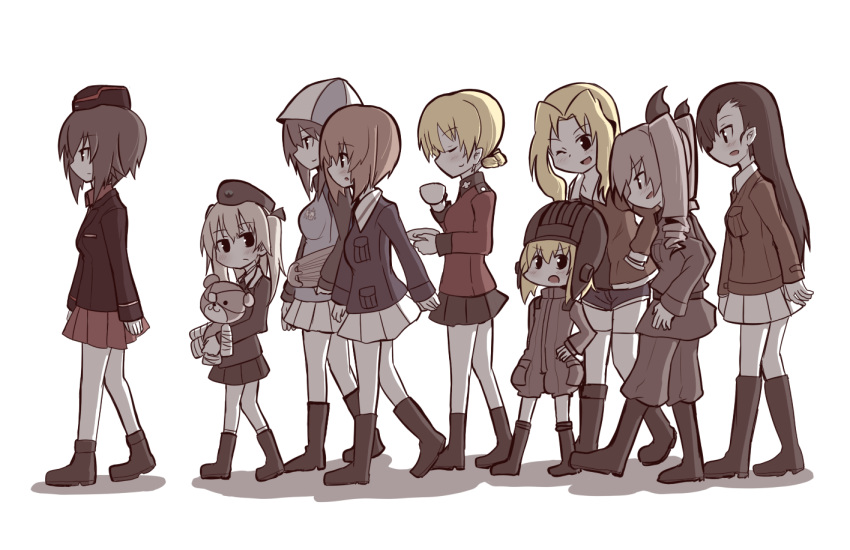 6+girls anchovy ankle_boots anzio_military_uniform asymmetrical_bangs bangs belt beret black_belt black_eyes black_footwear black_hat black_jacket black_neckwear black_ribbon black_shirt black_skirt blonde_hair blue_hat blue_jacket blue_shorts boko_(girls_und_panzer) boots braid brown_hair brown_jacket chi-hatan_military_uniform closed_eyes closed_mouth cup darjeeling dress_shirt drill_hair emblem epaulettes eyebrows_visible_through_hair from_side garrison_cap girls_und_panzer green_hair green_jumpsuit grey_jacket grey_pants hair_intakes hair_ribbon hands_in_pockets hat helmet holding holding_cup holding_instrument holding_stuffed_animal instrument jacket japanese_tankery_league_(emblem) kantele katyusha kay_(girls_und_panzer) keizoku_military_uniform knee_boots kumo_(atm) kuromorimine_military_uniform light_brown_hair long_hair long_sleeves looking_at_another looking_at_viewer looking_back military military_hat military_uniform miniskirt multiple_girls necktie nishi_kinuyo nishizumi_maho nishizumi_miho one_eye_closed ooarai_military_uniform open_mouth pants pleated_skirt pravda_military_uniform raglan_sleeves red_jacket red_skirt ribbon sam_browne_belt saucer saunders_military_uniform selection_university_military_uniform shadow shimada_arisu shirt short_hair short_jumpsuit short_shorts shorts side_ponytail skirt smile st._gloriana's_military_uniform standing stuffed_animal stuffed_toy teacup teddy_bear thigh-highs tied_hair track_jacket trait_connection twin_braids twin_drills twintails uniform walking white_background white_legwear white_shirt white_skirt