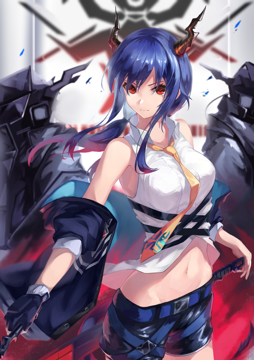 1girl absurdres arknights bangs bare_shoulders belt black_gloves black_shorts blue_belt blue_hair blue_jacket breasts ch'en_(arknights) commentary cowboy_shot dragon_horns gloves groin highres horns jacket long_hair looking_at_viewer medium_breasts midriff mikiton navel off_shoulder open_clothes open_jacket red_eyes shirt shorts sidelocks sleeveless sleeveless_shirt standing stomach v-shaped_eyebrows white_shirt