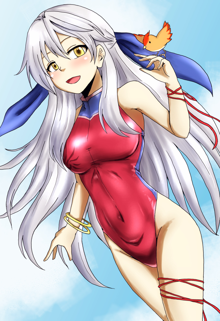1girl bird bracelet covered_navel d-m_(dii_emu) fire_emblem fire_emblem:_akatsuki_no_megami groin hair_ribbon half_updo highres jewelry micaiah one-piece_swimsuit ribbon silver_hair simple_background solo swimsuit turtleneck yellow_eyes yune