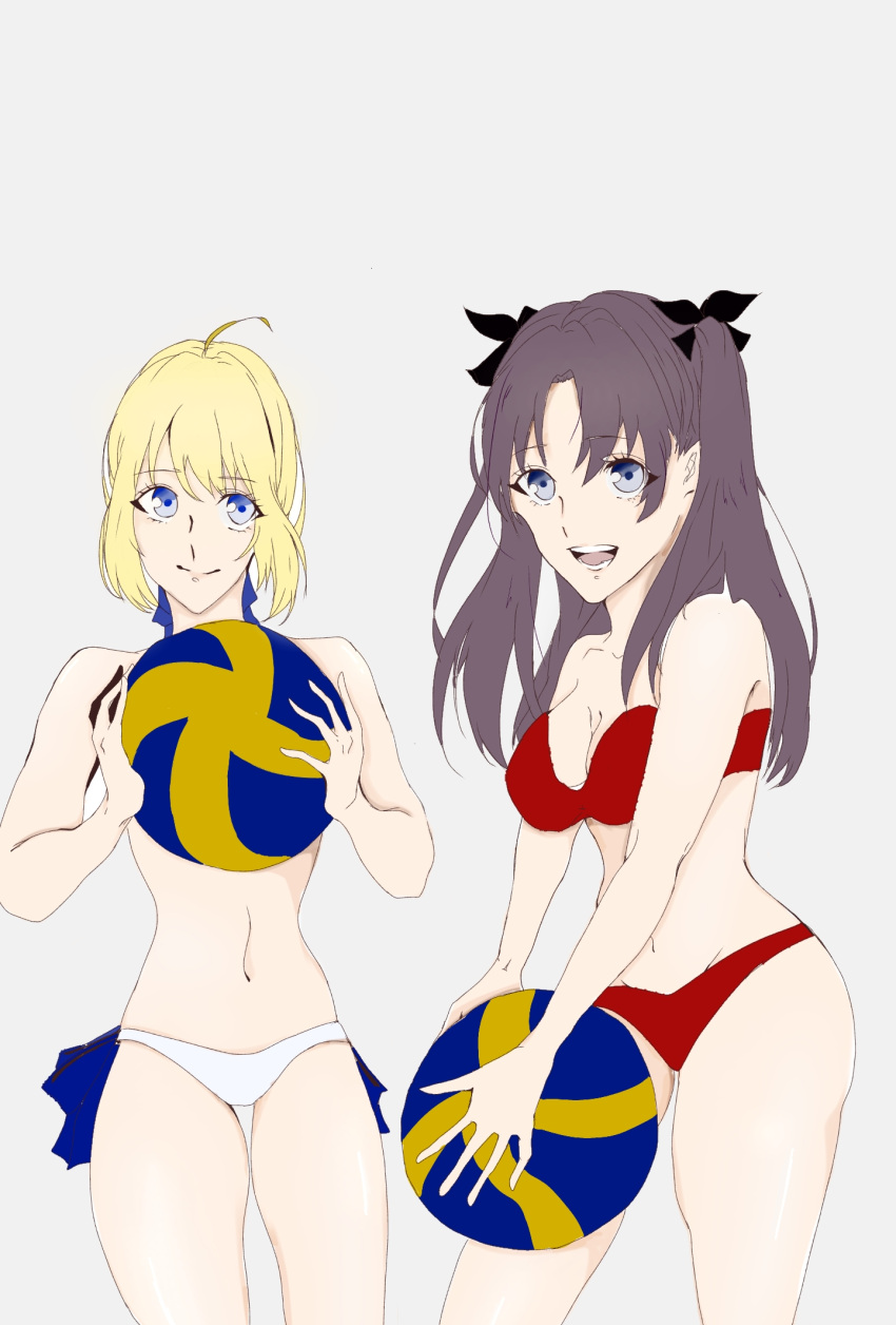 2girls ahoge aohina_1023 artoria_pendragon_(all) ball bikini black_hair blonde_hair blue_eyes closed_mouth emiya-san_chi_no_kyou_no_gohan fate/grand_order fate/hollow_ataraxia fate/stay_night fate_(series) gray_background hair_ribbon holding_object long_hair looking_at_viewer open_mouth red_bikini ribbon saber smile tohsaka_rin twintails volleyball white_bikini