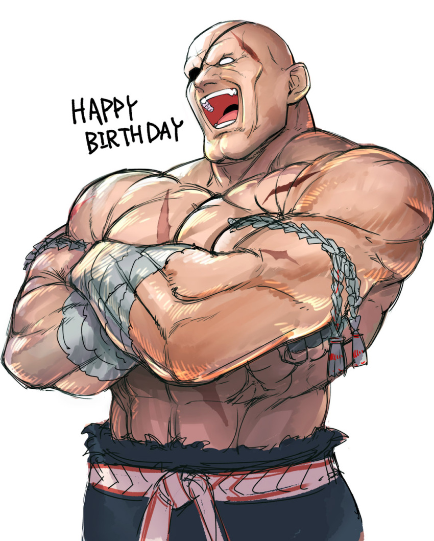 1boy abs bald commentary_request crossed_arms double_chin eyepatch hand_wraps happy_birthday headband highres laughing male_focus mongkhon muscle no_pupils open_mouth sagat scar shirtless solo street_fighter tetsu_(kimuchi) white_background