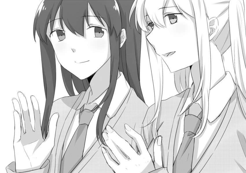 2girls akagi_(kantai_collection) alternate_costume asakawa_shinka closed_mouth collared_shirt eyebrows_visible_through_hair fingernails graf_zeppelin_(kantai_collection) greyscale hair_between_eyes hair_over_shoulder kantai_collection long_hair long_sleeves monochrome multiple_girls necktie open_mouth shirt sidelocks simple_background smile sweater twintails upper_body white_background