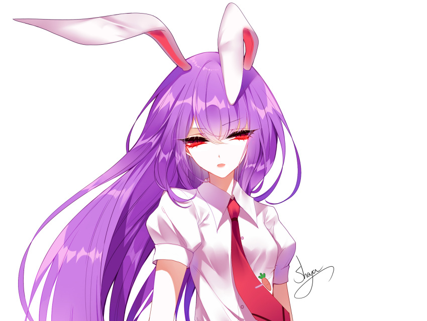 1girl animal_ears artist_name blue_sash breasts eyebrows_visible_through_hair full_body hair_between_eyes highres long_hair looking_at_viewer medium_breasts necktie open_mouth puffy_short_sleeves puffy_sleeves purple_hair rabbit_ears red_eyes red_neckwear reisen_udongein_inaba sash sheya shirt short_sleeves signature simple_background solo touhou upper_body v-shaped_eyebrows white_background white_shirt wing_collar