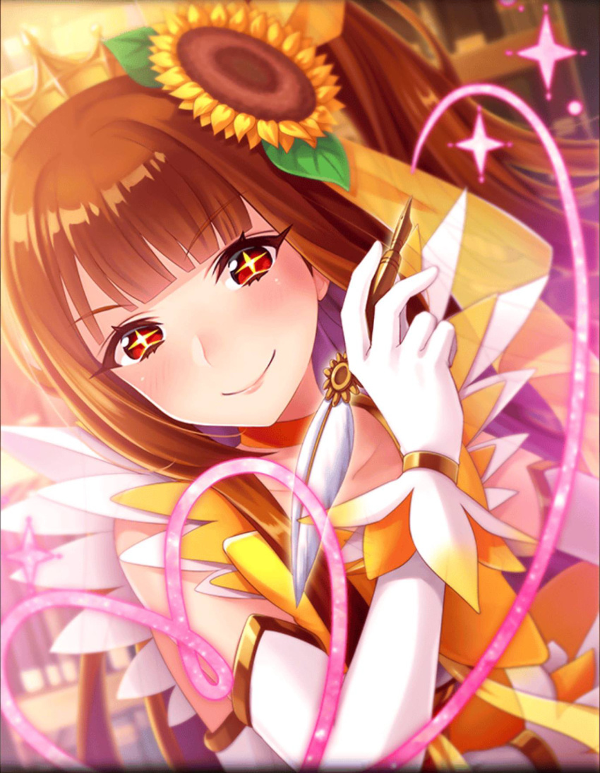 1girl artist_request bangs blush bow brown_hair choker crown dress eitaso flower gloves hair_ornament heart highres idol magical_girl official_art orange_eyes phantom_of_the_kill quill side_ponytail sunflower symbol-shaped_pupils white_gloves