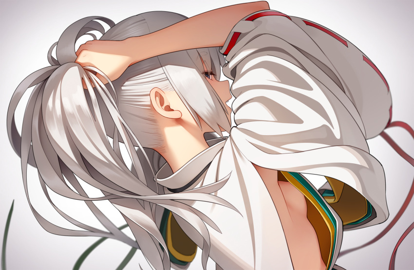 1girl armpit_peek arms_up bangs breasts eyebrows_visible_through_hair from_behind from_side go_robots grey_eyes highres japanese_clothes kariginu lips long_sleeves looking_back medium_hair midriff mononobe_no_futo nape open_mouth ponytail sideboob silver_hair smile solo teeth touhou wide_sleeves