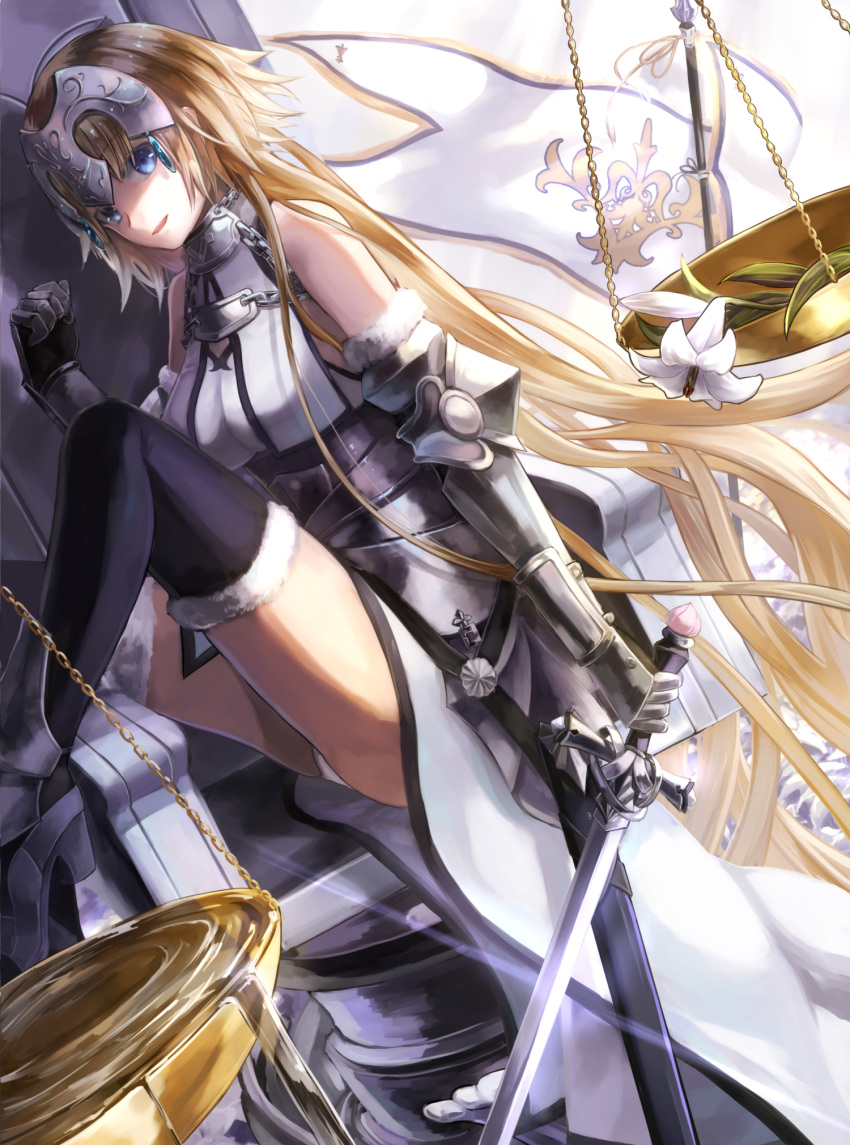 1girl absurdly_long_hair armor armored_dress black_legwear blonde_hair blue_eyes dress fate/apocrypha fate_(series) floating_hair flower fur_trim gauntlets hair_between_eyes highres holding holding_sword holding_weapon jeanne_d'arc_(fate) jeanne_d'arc_(fate)_(all) kuune_(muttey-myg) long_hair looking_at_viewer sitting sleeveless sleeveless_dress smile solo sword thigh-highs very_long_hair weapon white_dress white_flower