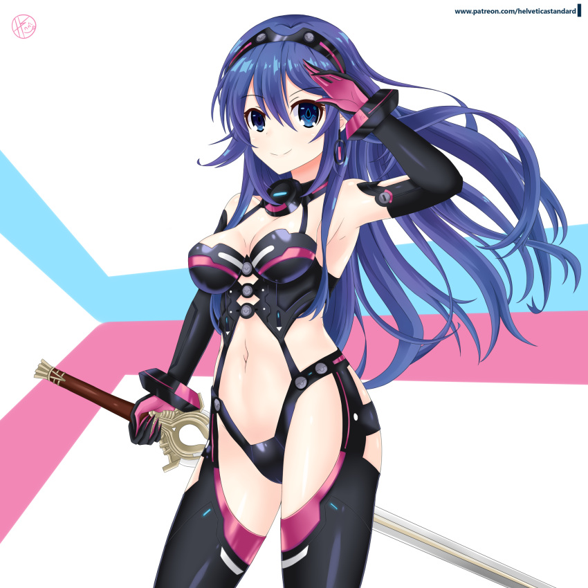 1girl armpits blue_eyes blue_hair breasts choujigen_game_neptune cleavage cosplay elbow_gloves falchion_(fire_emblem) fire_emblem fire_emblem:_kakusei gloves helvetica_5tandard highres iris_heart iris_heart_(cosplay) long_hair lucina navel neptune_(series) patreon_username revealing_clothes smile solo tiara