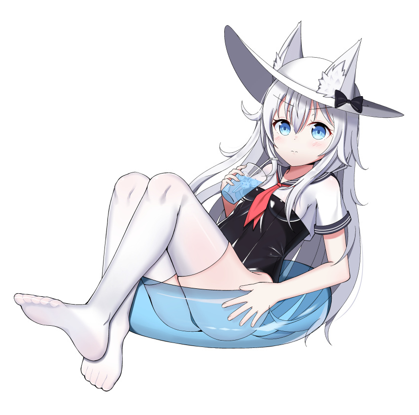 1girl absurdres animal_ears azur_lane bendy_straw black_bow black_sailor_collar black_swimsuit blue_innertube bow cat_ears collar cup drink drinking_glass drinking_straw ears_through_headwear fingernails hammann_(azur_lane) hat hat_bow highres holding holding_drinking_glass ice ice_cube innertube long_hair no_shoes one-piece_swimsuit red_neckwear sailor_collar school_swimsuit school_uniform see-through serafuku shirt short_sleeves silver_hair simple_background soles solo starfox1015 swimsuit swimsuit_under_clothes thigh-highs transparent very_long_hair white_background white_hat white_legwear white_shirt