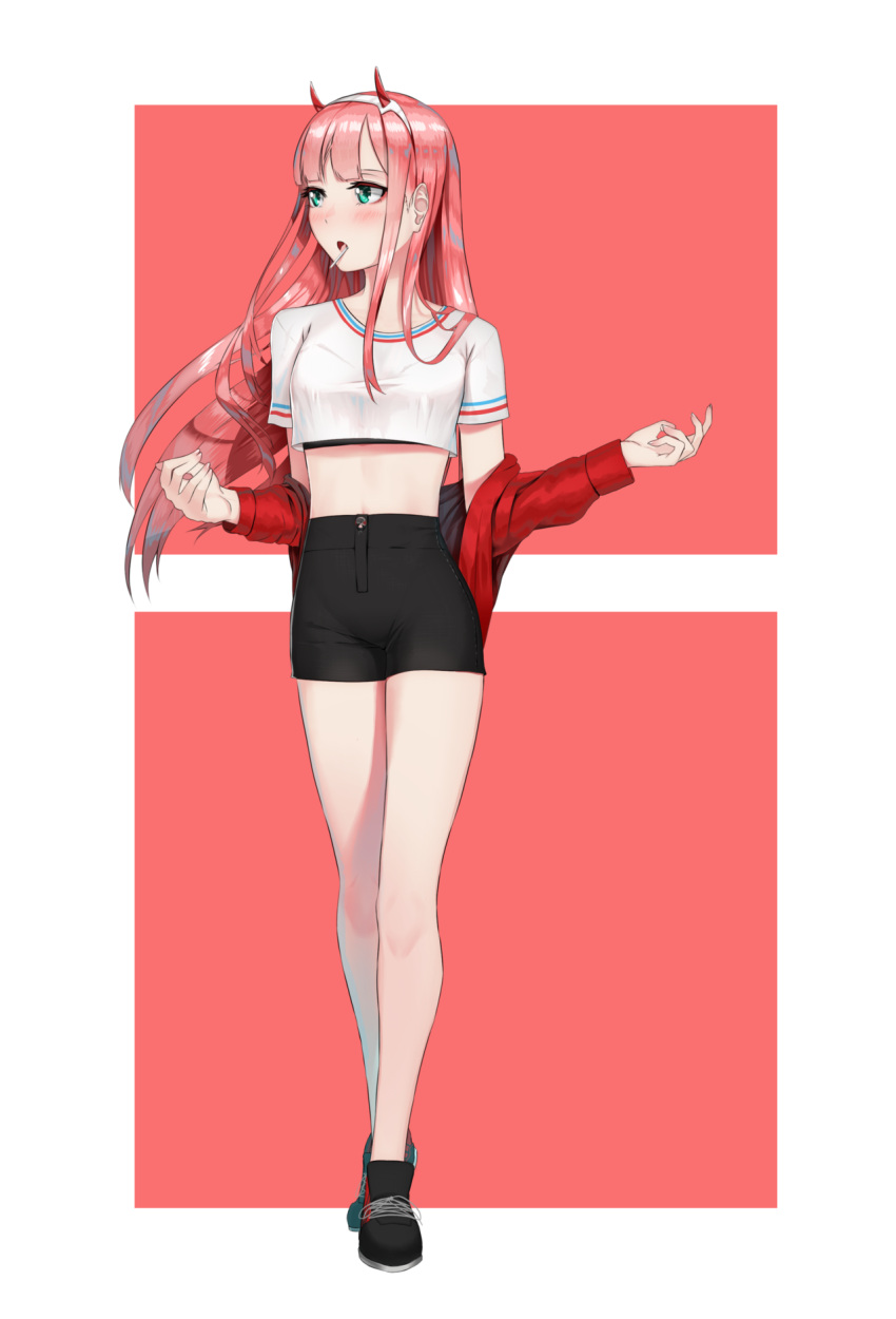1girl alternate_costume bangs black_shorts blush boots breasts candy casual darling_in_the_franxx food full_body green_eyes hairband highres horns jacket lollipop long_hair looking_to_the_side medium_breasts midriff open_mouth pink_hair ravenpulse red_horns red_jacket shirt shorts solo standing white_hairband white_shirt zero_two_(darling_in_the_franxx)