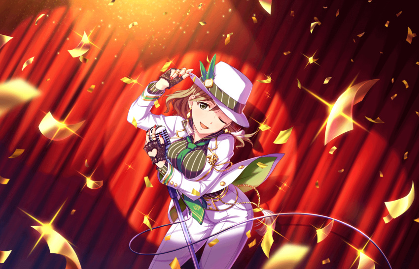1girl artist_request brown_hair confetti earrings fingerless_gloves gloves green_eyes hat idolmaster idolmaster_cinderella_girls idolmaster_cinderella_girls_starlight_stage jacket jewelry microphone microphone_stand nail_polish necktie official_art one_eye_closed pants ring smile solo vintage_microphone white_hat white_jacket white_pants yanagi_kiyora