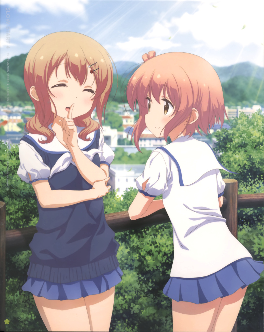 2girls absurdres bare_legs breast_hold breasts brown_eyes building cityscape closed_eyes dress fence finger_to_mouth hair_ornament hairclip highres ichinose_hana leaning light_brown_hair mountain multiple_girls official_art outdoors sailor_dress school_uniform short_hair skirt sky slow_start smile standing sunlight sweater tokura_eiko tree wooden_fence