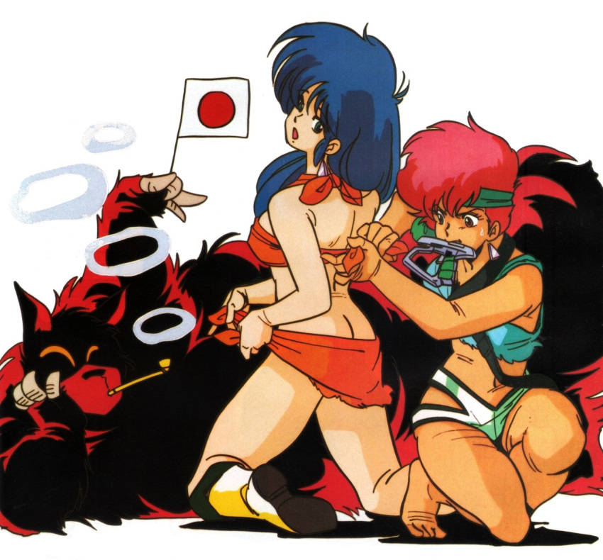 2girls 80s barefoot blue_eyes blue_hair boots butt_crack dirty_pair gun handgun headband holding japanese_flag kei_(dirty_pair) long_hair looking_back mouth_hold multiple_girls official_art oldschool open_mouth pipe red_eyes redhead short_hair simple_background takachiho_haruka weapon white_background yuri_(dirty_pair)