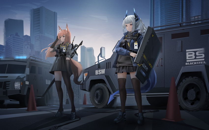 1girl absurdres animal_ear_fluff animal_ears arknights backlighting black_footwear black_gloves black_legwear black_shirt black_skirt black_sweater blue_jacket breasts brown_eyes brown_hair building car city closed_mouth dragon_girl dragon_horns dragon_tail elbow_gloves fox_ears fox_girl fox_tail franka_(arknights) full_body gloves gradient_sky ground_vehicle gun hand_in_own_hair high-waist_skirt highres holding holding_gun holding_shield holding_weapon horns id_card jacket liskarm_(arknights) long_hair medium_breasts miniskirt motor_vehicle open_clothes open_jacket outdoors pleated_skirt riot_shield sheath sheathed shield shirt shoes short_hair short_ponytail silver_hair single_leg_pantyhose single_thighhigh skirt sky standing sthk sunlight sweater sword tail thigh-highs traffic_cone twilight weapon zettai_ryouiki