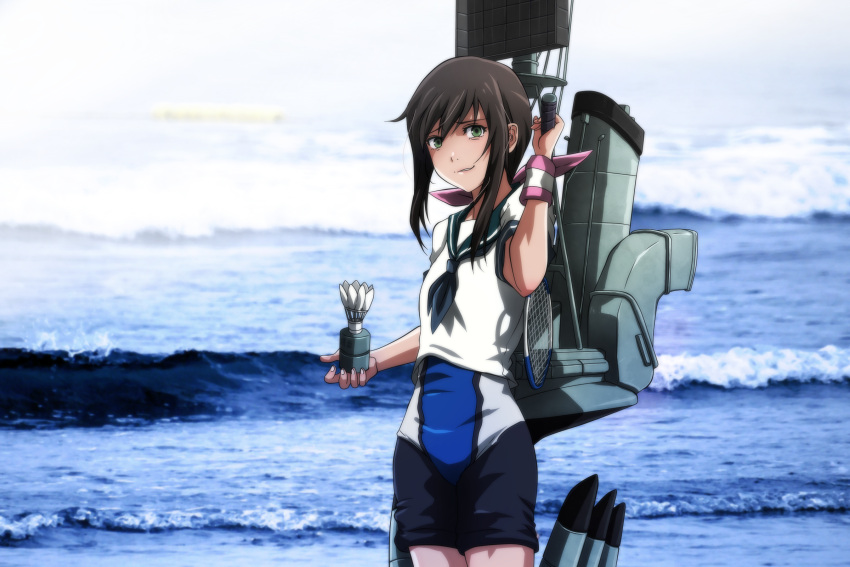 1girl adapted_costume alternate_costume badminton_racket black_hair blue_sailor_collar commentary_request cowboy_shot fubuki_(kantai_collection) genya_(genya67) green_eyes hanebado! highres kantai_collection looking_at_viewer low_ponytail machinery ponytail racket sailor_collar school_uniform serafuku short_ponytail shuttlecock sidelocks smokestack solo standing waves