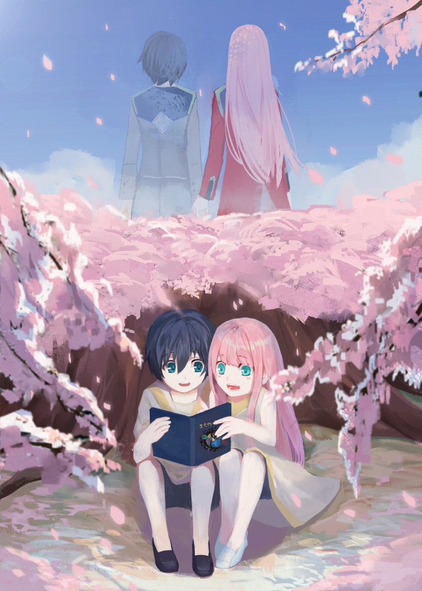 1boy 1girl absurdres bangs bare_shoulders black_footwear black_hair blue_eyes blue_sky book cherry_blossoms chu_dengdeng clouds cloudy_sky collarbone commentary_request couple darling_in_the_franxx day dual_persona eyebrows_visible_through_hair green_eyes hand_holding hetero highres hiro_(darling_in_the_franxx) holding holding_book long_hair long_sleeves military military_uniform no_socks open_book open_mouth petals pink_hair purple_footwear reincarnation shirt shoes short_hair shorts sitting sky sleeveless sleeveless_shirt tree uniform white_footwear white_shirt younger zero_two_(darling_in_the_franxx)