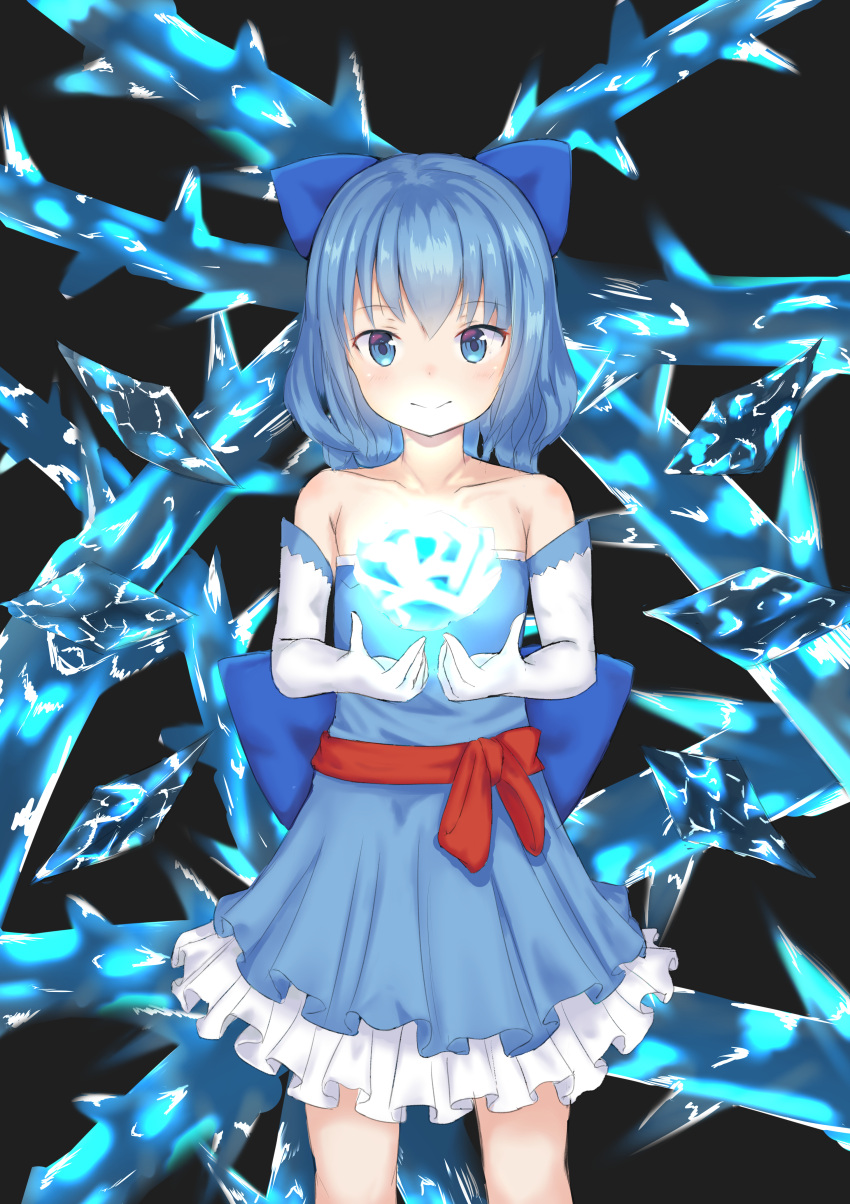 1girl absurdres alternate_costume armpit_crease arms_up bare_shoulders black_background blue_bow blue_dress blue_eyes blue_hair bow cirno collarbone commentary_request cowboy_shot dress elbow_gloves enki_1021 eyebrows_visible_through_hair gloves hair_between_eyes hair_bow highres ice ice_wings looking_at_viewer open_hands petticoat pleated_dress red_sash sash short_hair simple_background smile solo standing strapless strapless_dress thorns touhou wings