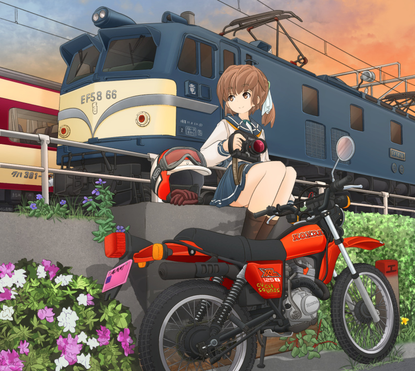 1girl black_legwear blouse blue_skirt brown_gloves brown_hair bush camera eyebrows_visible_through_hair flower gloves goggles grass ground_vehicle hair_ribbon helmet highres holding holding_camera honda honda_xl125 ichigotofu legs locomotive long_sleeves miniskirt motor_vehicle motorcycle motorcycle_helmet neckerchief orange_neckwear original outdoors plant pleated_skirt railing ribbon school_uniform serafuku shadow short_ponytail single_horizontal_stripe sitting skirt smile socks solo train white_blouse white_ribbon