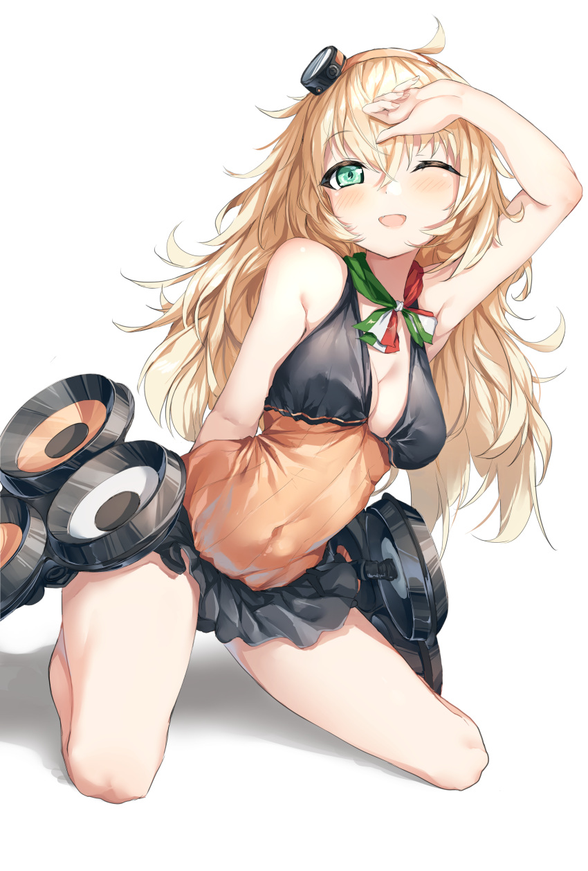 1girl absurdres alternate_costume arm_behind_back armpits bangs bare_shoulders black_skirt blonde_hair blush breasts cleavage collarbone covered_navel eyebrows_visible_through_hair fang girls_frontline gloves green_eyes hair_between_eyes hair_ornament hairband hand_on_own_head hansal highres italian_flag_neckwear kneeling long_hair looking_at_viewer machinery messy_hair neckerchief no_bra one_eye_closed open_mouth orange_hairband pleated_skirt s.a.t.8_(girls_frontline) shirt sidelocks simple_background skirt sleeveless sleeveless_shirt smile solo thighs very_long_hair white_background