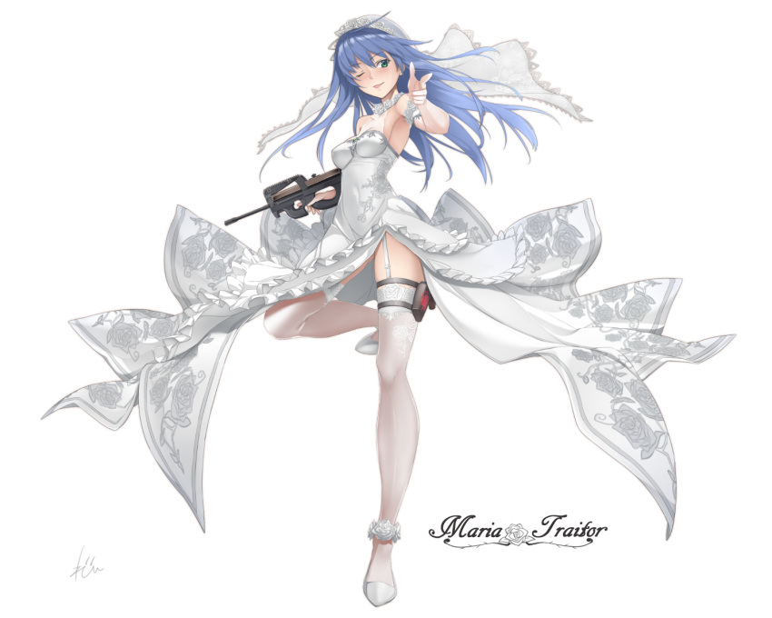 1girl arm_up armpits blue_hair breasts character_name dress garter_straps green_eyes gun highres holster izupix leg_lift long_hair looking_at_viewer maria_traydor one_eye_closed pointing pointing_at_viewer shoes side_slit small_breasts smile solo standing standing_on_one_leg star_ocean star_ocean_anamnesis star_ocean_till_the_end_of_time thigh-highs thigh_holster thigh_strap thighs veil weapon wedding_dress white_dress white_legwear wind wind_lift