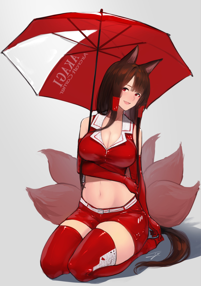 1girl akagi_(azur_lane) animal_ears azur_lane bangs bare_shoulders blunt_bangs boots breasts brown_hair character_name cleavage collarbone crop_top elbow_gloves eyeliner eyeshadow fox_ears fox_tail full_body gloves grey_background hayabusa highres kitsune large_breasts long_hair looking_at_viewer makeup midriff multiple_tails navel open_mouth racequeen red_eyes red_footwear red_gloves red_legwear red_shorts red_umbrella short_shorts shorts simple_background sitting skindentation smile tail thigh-highs thigh_boots thighs umbrella very_long_hair zettai_ryouiki