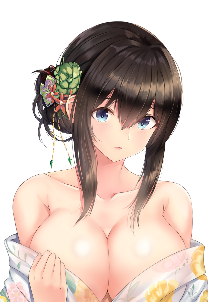 1girl bangs bare_shoulders black_hair blue_eyes blush breasts cleavage collarbone floral_print flower hair_between_eyes hair_bun hair_flower hair_ornament highres i.f.s.f idolmaster idolmaster_cinderella_girls japanese_clothes kimono large_breasts long_hair looking_at_viewer off_shoulder open_mouth parted_lips sagisawa_fumika simple_background solo tied_hair white_background white_kimono