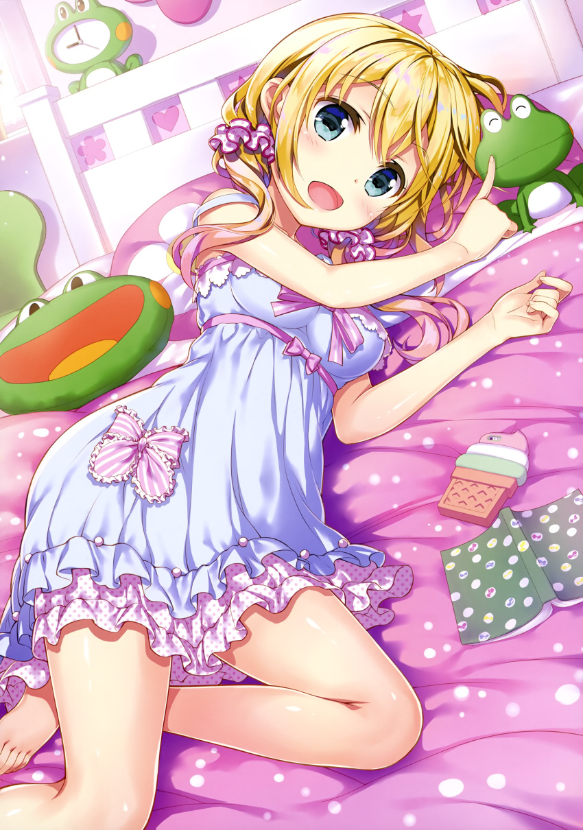 1girl :d absurdres bare_legs barefoot bed_sheet blonde_hair blue_frills blue_nightgown breasts clock collarbone eyebrows_visible_through_hair frilled_nightgown fujima_takuya hair_between_eyes hair_ornament hair_scrunchie heart highres laki_station large_breasts layered_nightgown light_blue_eyes looking_at_viewer low_twintails nightgown nijikawa_laki notebook official_art on_bed open_mouth pillow pink_bed_sheet pink_lips pink_pillow pink_polka_dots pink_ribbon poking polka_dot polka_dot_bed_sheet polka_dot_nightgown polka_dot_scrunchie print_pillow ribbon scan scrunchie smile solo spaghetti_strap star strap_slip striped striped_ribbon stuffed_animal stuffed_frog stuffed_toy tongue twintails white_frills white_nightgown white_polka_dots white_scrunchie white_stripes