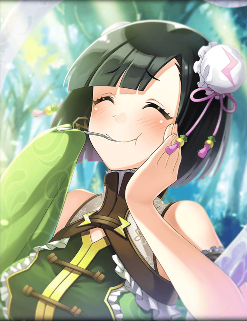 artist_request blush closed_eyes dempagumi double_bun eating eyebrows_visible_through_hair foodgasm green_hair hand_on_own_cheek hand_on_own_face highres nemue official_art phantom_of_the_kill short_hair smile spoon_in_mouth tree