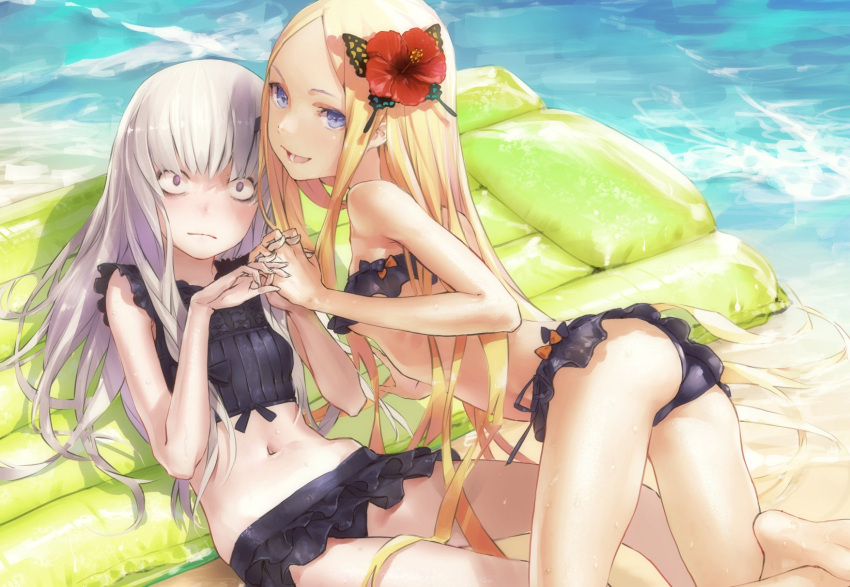 2girls abigail_williams_(fate/grand_order) all_fours ass bandeau bangs bare_shoulders barefoot beach bikini bikini_skirt black_bikini blonde_hair breasts butterfly_hair_ornament day fate/grand_order fate_(series) flower frilled_bikini frills from_side hair_flower hair_ornament hand_holding hibiscus highres interlocked_fingers lavender_hair lavinia_whateley_(fate/grand_order) long_hair looking_at_viewer lying multiple_girls navel on_back outdoors parted_bangs redjuice small_breasts swimsuit very_long_hair violet_eyes wet wide-eyed