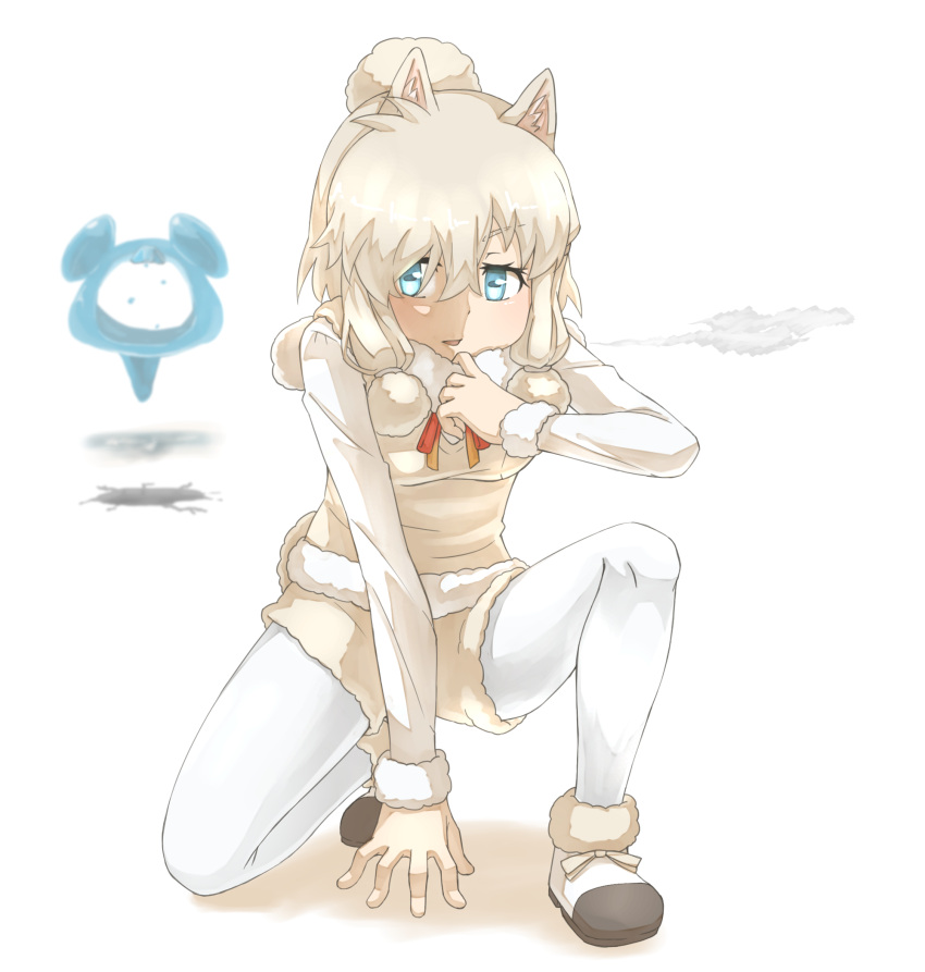 1girl alpaca_ears alpaca_suri_(kemono_friends) alpaca_tail animal_ears arm_support blonde_hair blue_eyes breath cerulean_(kemono_friends) commentary_request eyebrows_visible_through_hair floating full_body fur-trimmed_footwear fur-trimmed_sleeves fur_scarf fur_trim hair_between_eyes hand_up highres hole horizontal_pupils kemono_friends long_sleeves looking_at_viewer medium_hair neck_ribbon one_knee open_mouth outstretched_arm pantyhose pantyhose_under_shorts ribbon scarf shirt shoes shorts simple_background solo_focus spread_legs sweater_vest tail tenya v-shaped_eyebrows white_background white_legwear white_shirt