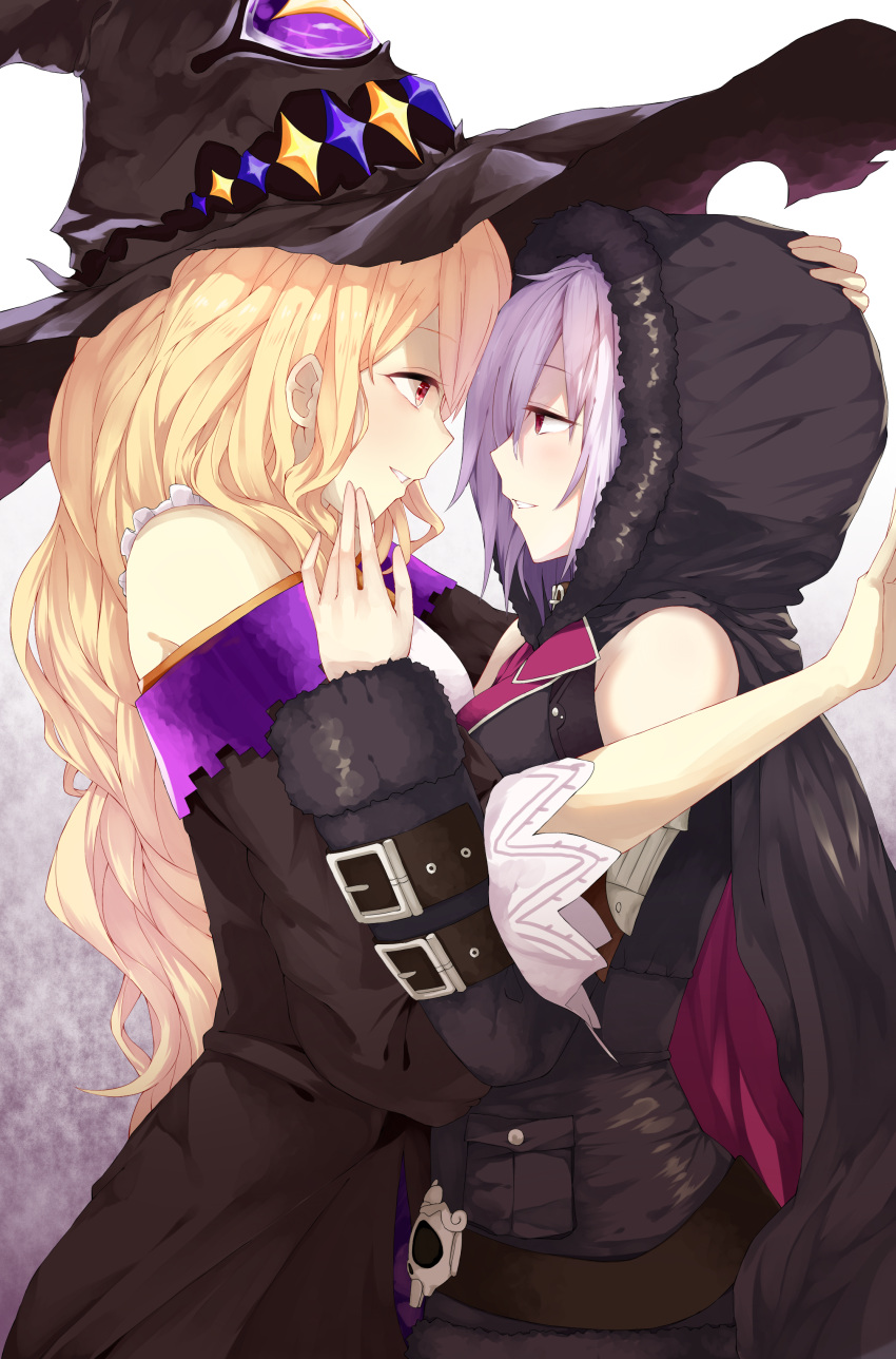 2girls absurdres bangs bare_shoulders belt black_belt black_cape black_cloak black_hat blonde_hair breasts cape commentary_request couple curly_hair dorothy_(shingeki_no_bahamut) eye_contact eyebrows_visible_through_hair face-to-face from_side fur-trimmed_hood fur_trim grin hair_over_one_eye half-closed_eyes hand_on_another's_face hand_on_another's_head hands_up hat highres hood hood_up large_breasts long_hair long_sleeves looking_at_another loose_belt multiple_girls partial_commentary red_eyes shadowverse shingeki_no_bahamut short_hair smile very_long_hair witch witch_hat wizardess_of_oz yamato_(muchuu_paradigm) yuri