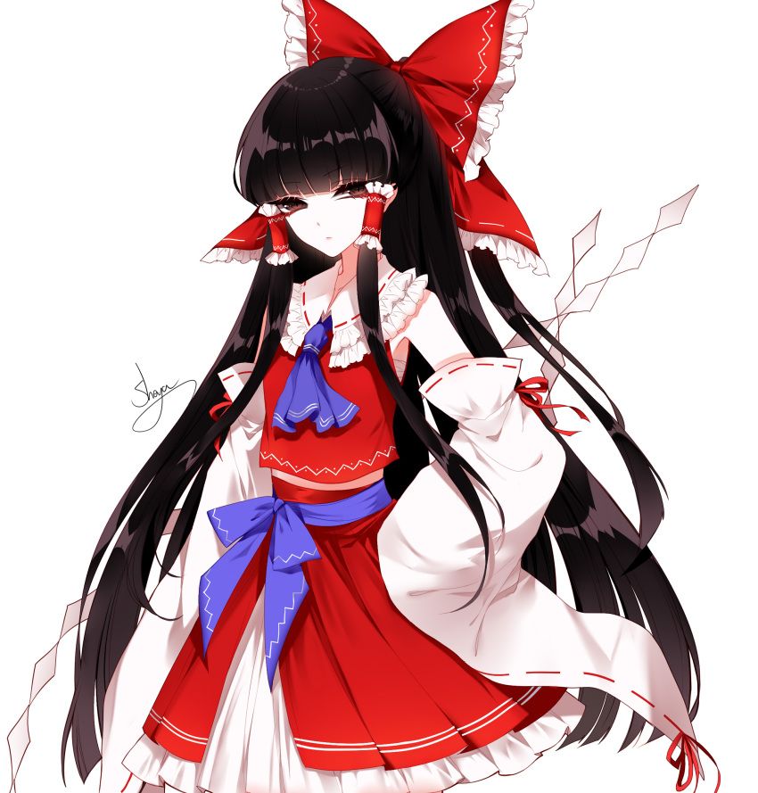 1girl ascot bangs bare_shoulders black_hair blue_neckwear bow brown_eyes cowboy_shot detached_sleeves eyebrows_visible_through_hair frilled_bow frilled_shirt_collar frills full_body gohei hair_bow hair_tubes hakurei_reimu hand_on_hip high_heels highres holding long_hair long_sleeves midriff_peek petticoat red_bow red_skirt red_vest ribbon-trimmed_sleeves ribbon_trim sheya shoes sidelocks signature simple_background skirt sleeves_past_fingers sleeves_past_wrists solo standing touhou very_long_hair vest white_background wide_sleeves