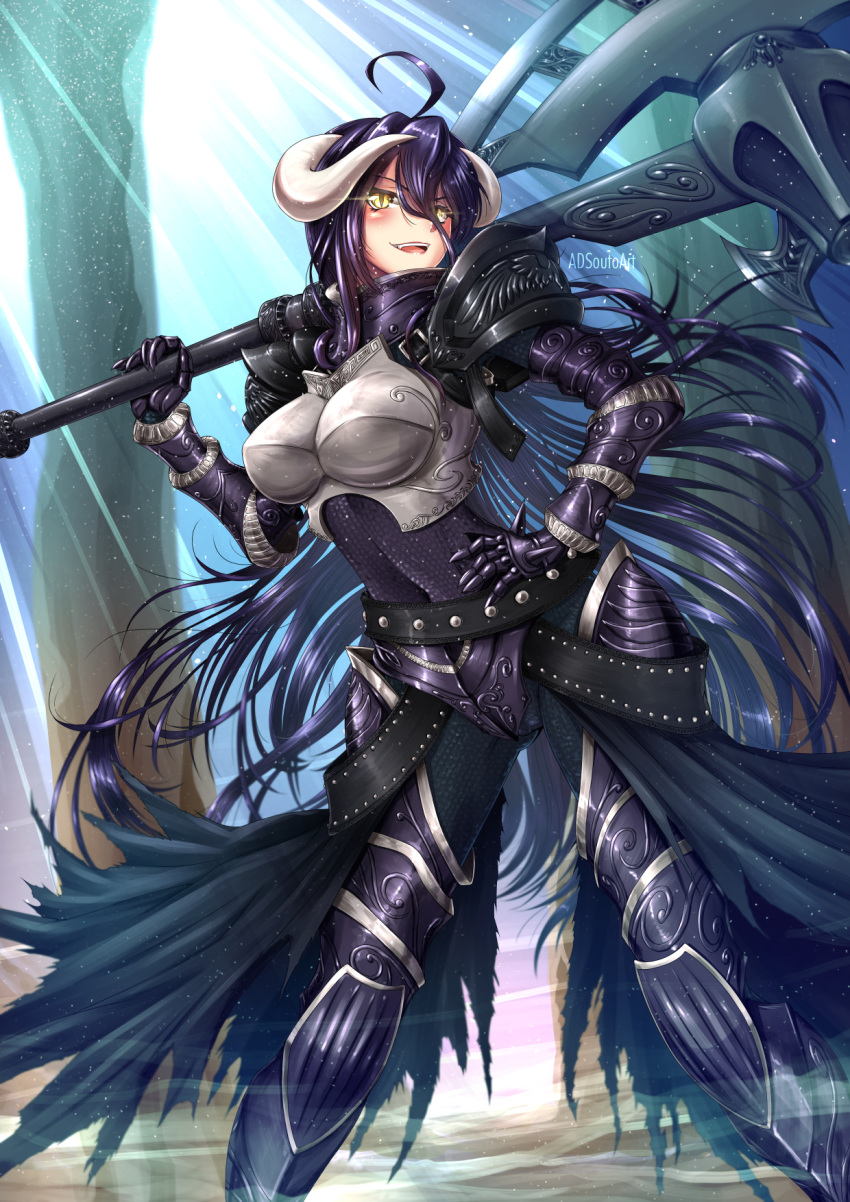 1girl :d adsouto ahoge albedo armored_boots artist_name axe black_cape black_pants boobplate boots breastplate breasts breasts_apart cape covered_navel floating_hair gauntlets hair_between_eyes hand_on_hilt highres holding holding_axe horns large_breasts long_hair open_mouth over_shoulder overlord_(maruyama) pants purple_hair shoulder_armor slit_pupils smile solo spaulders standing sunlight very_long_hair waist_cape weapon weapon_over_shoulder yellow_eyes