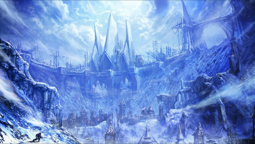 1boy aman cliff clouds cloudy_sky concept_art day facing_away fantasy from_behind gate holding holding_sword holding_weapon moonworker mountain official_art outdoors scaffolding scenery sky snow sword tera_online watchtower weapon wind