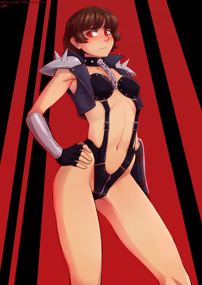 1girl absurdres arm_at_side artist_name black_gloves blush bracer brown_hair chains collar commentary crotch_zipper english_commentary fingerless_gloves frown gloves highres ittla looking_at_viewer navel niijima_makoto patreon_username persona persona_5 persona_5:_dancing_star_night red_eyes short_hair solo studded_collar twitter_username watermark web_address zipper