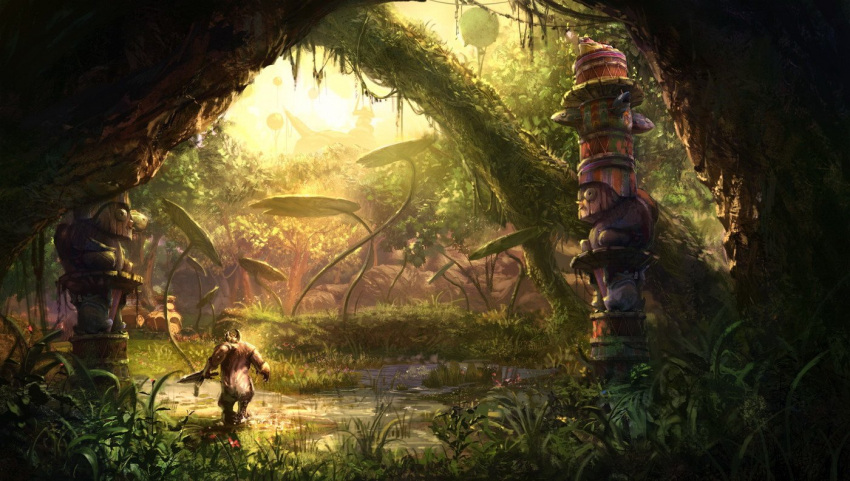 1boy aman balloon concept_art day evening facing_away forest frog from_behind grass holding holding_sword holding_weapon light_rays lily_pad moonworker nature official_art outdoors pond scenery sunbeam sunlight swamp sword tent tera_online totem_pole tree weapon