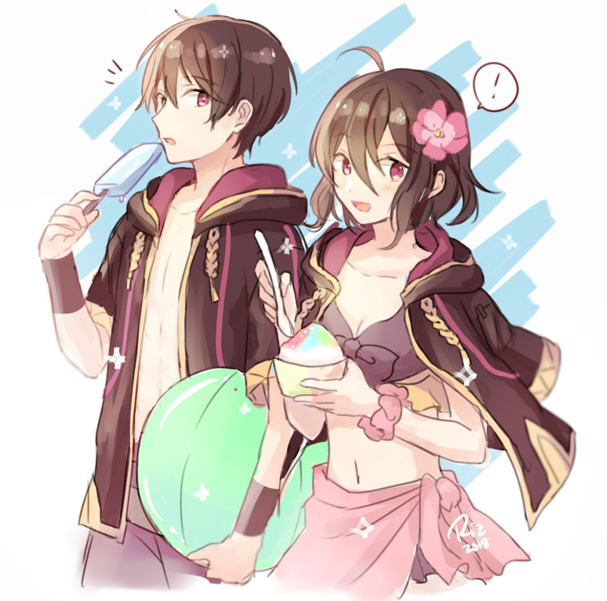 ! 1boy 1girl ball beachball black_hair breasts cleavage dinikee dual_persona fire_emblem fire_emblem:_kakusei fire_emblem_heroes flower food hair_flower hair_ornament highres holding holding_spoon hood hood_down ice_cream mark_(female)_(fire_emblem) mark_(fire_emblem) mark_(male)_(fire_emblem) open_clothes open_mouth pink_flower pink_sarong popsicle red_eyes sarong short_hair spoken_exclamation_mark spoon swimsuit wristband