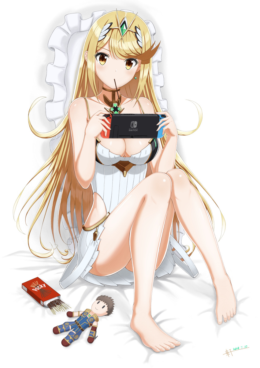 1girl absurdres barefoot blonde_hair breasts character_doll cleavage dated doll dress earrings food hair_ornament highres mythra_(xenoblade) jewelry knees_together_feet_apart knees_up long_hair looking_at_viewer mouth_hold nintendo_switch playing_games pocky seiryuu_(xenoblade) side_cutout simple_background sitting solo white_background white_dress xenoblade_(series) xenoblade_2 yellow_eyes