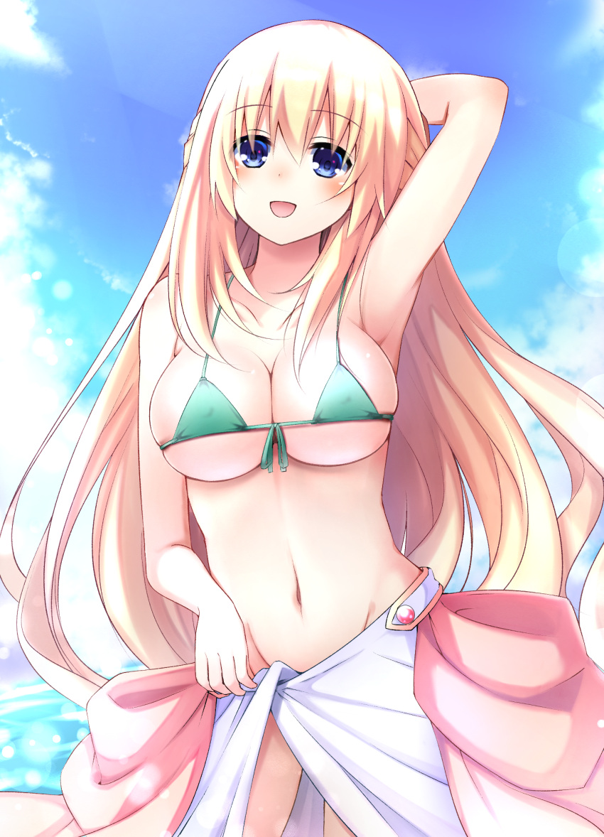 1girl bikini blonde_hair blue_eyes blush breasts clouds doria_(5073726) eyebrows_visible_through_hair hand_on_own_head highres large_breasts long_hair looking_at_viewer navel neptune_(series) open_mouth sky smile solo swimsuit vert very_long_hair