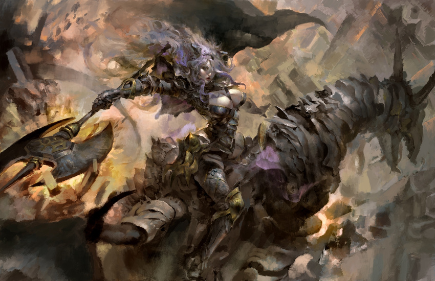 1girl apollyon_abyss armor axe breasts camilla_(fire_emblem_if) capelet cleavage dragon fire_emblem fire_emblem_if gauntlets greaves hair_over_one_eye highres horns large_breasts long_hair looking_at_viewer purple_hair riding serious solo_focus strap tiara very_long_hair wings