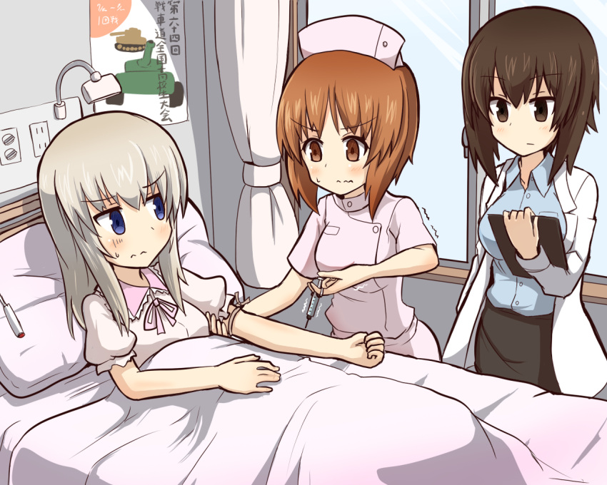 3girls alternate_costume bangs bed bed_sheet black_skirt blouse blue_eyes blue_shirt brown_eyes brown_hair closed_mouth collared_shirt curtains doctor dress eyebrows_visible_through_hair frown girls_und_panzer ground_vehicle hat indoors injection itsumi_erika kumo_(atm) labcoat long_hair looking_at_another lying medium_skirt military military_vehicle motor_vehicle multiple_girls needle nishizumi_maho nishizumi_miho nurse nurse_cap on_back pajamas pencil_skirt pillow pink_blouse pink_dress pink_hat shirt short_hair short_sleeves siblings silver_hair sisters skirt standing sweatdrop tank translation_request trembling wavy_mouth white_coat window