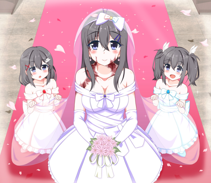 3girls :d :o black_hair blue_eyes blush breasts bridal_veil bride burn_scar child cleavage collarbone commentary_request dorei_to_no_seikatsu_~teaching_feeling~ dress elbow_gloves eyebrows_visible_through_hair eyes_visible_through_hair gloves hair_between_eyes hair_ornament hairclip highres long_hair looking_at_another looking_at_viewer mother_and_daughter multiple_girls older open_mouth petals scar smile strapless strapless_dress sylvie_(dorei_to_no_seikatsu) takahiko twintails veil wedding wedding_dress white_dress white_gloves