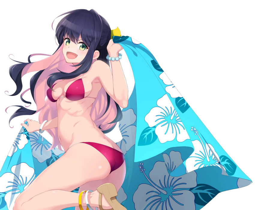 1girl :d anklet ass bikini black_hair bracelet breasts commentary_request fang floral_print from_behind green_eyes highres jewelry kantai_collection kurihara_kenshirou leg_up long_hair looking_at_viewer medium_breasts multicolored_hair naganami_(kantai_collection) navel open_mouth pink_hair red_bikini ribs simple_background smile solo standing standing_on_one_leg swimsuit two-tone_hair white_background