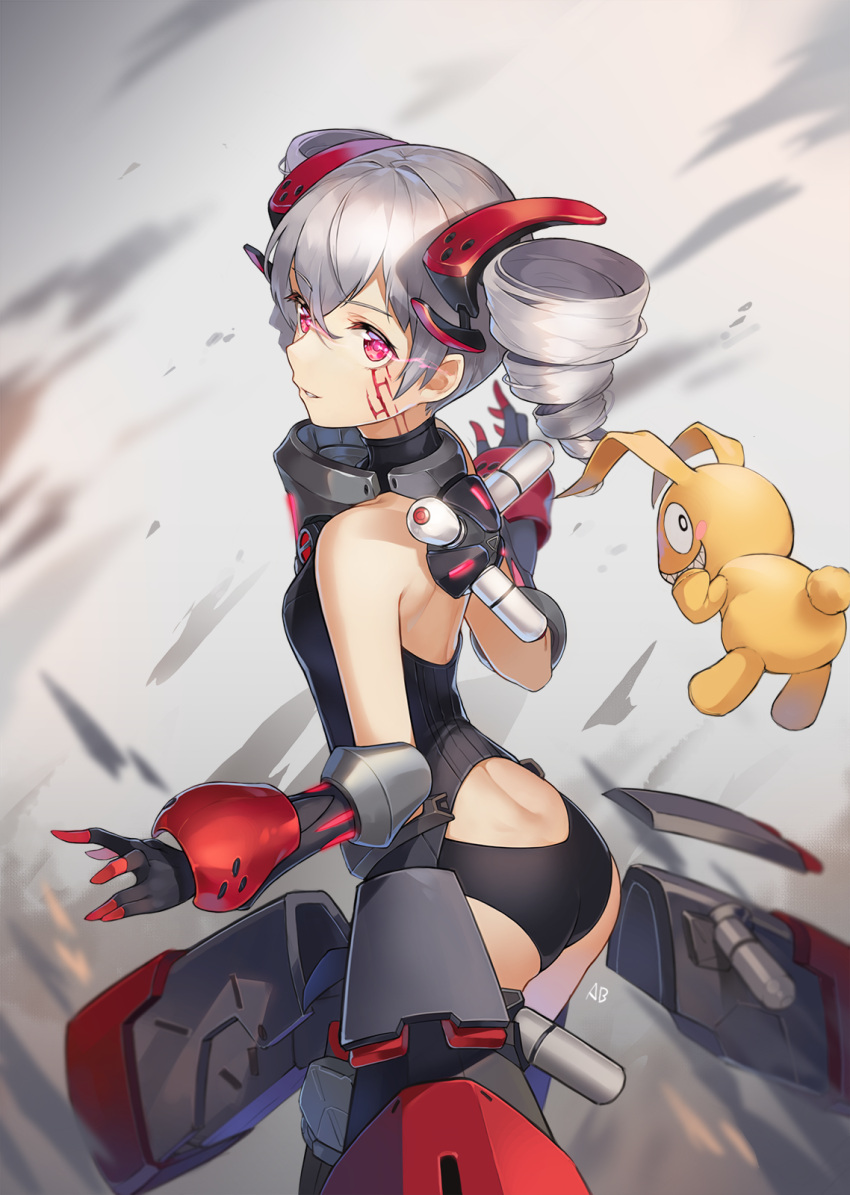 1girl aliceblue armor ass bangs bare_shoulders benghuai_xueyuan black_gloves black_leotard bodysuit breasts bronya_zaychik drill_hair gloves glowing glowing_eyes hair_between_eyes hair_ornament highres honkai_impact leotard looking_at_viewer machinery medium_hair red_eyes silver_hair simple_background small_breasts solo twin_drills