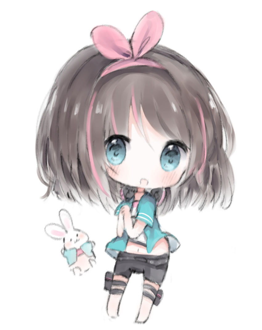 1girl :d a.i._channel animal bangs barefoot big_head black_shorts blue_eyes blue_jacket blush brown_hair chibi clothed_animal cottontailtokki eyebrows_visible_through_hair hair_between_eyes hair_ribbon highres jacket kizuna_ai long_hair midriff multicolored_hair navel open_clothes open_jacket open_mouth pink_hair pink_ribbon rabbit ribbon shirt short_shorts short_sleeves shorts simple_background smile solo standing streaked_hair virtual_youtuber white_background white_shirt