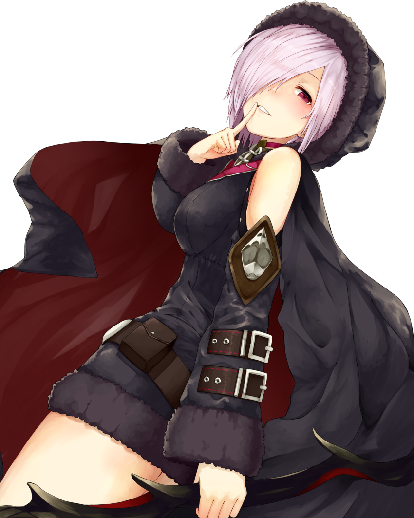 1girl absurdres arm_belt bare_shoulders belt black_cape black_dress bob_cut breasts buckle cape choker commentary_request dress finger_to_mouth from_side fur-trimmed_cape fur-trimmed_hood fur_trim grin hair_over_one_eye half-closed_eye hand_up highres hood hood_up hooded_cape index_finger_raised large_breasts lavender_hair long_sleeves looking_at_viewer looking_to_the_side loose_belt open_mouth raised_eyebrows shadowverse shingeki_no_bahamut short_hair shushing simple_background sleeve_cuffs smile solo white_background wide_sleeves wizardess_of_oz yamato_(muchuu_paradigm)