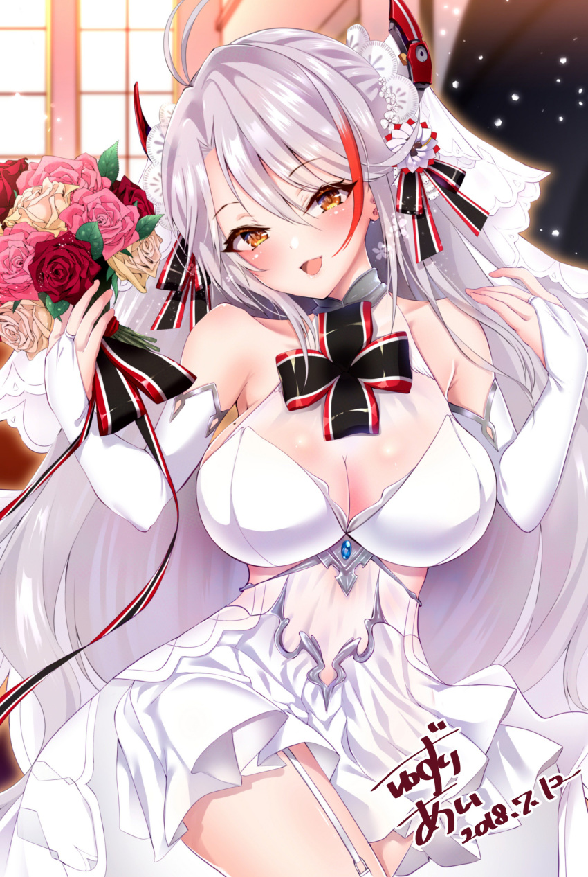 1girl absurdres alternate_costume antenna_hair azur_lane bangs bare_shoulders blush bouquet breasts bridal_gauntlets bridal_veil brown_eyes cleavage closed_mouth collarbone dated day dress eyebrows_visible_through_hair flower garter_straps gloves hair_between_eyes hair_ornament half-closed_eyes hands_up head_tilt headgear heart highres holding holding_bouquet indoors iron_cross large_breasts light_particles long_hair looking_at_viewer mole mole_on_breast multicolored_hair no_bra open_mouth petals prinz_eugen_(azur_lane) redhead see-through signature silver_hair smile solo standing thigh-highs thighs two_side_up veil very_long_hair wedding_dress white_dress white_flower white_gloves white_hair white_legwear yuzuri_ai