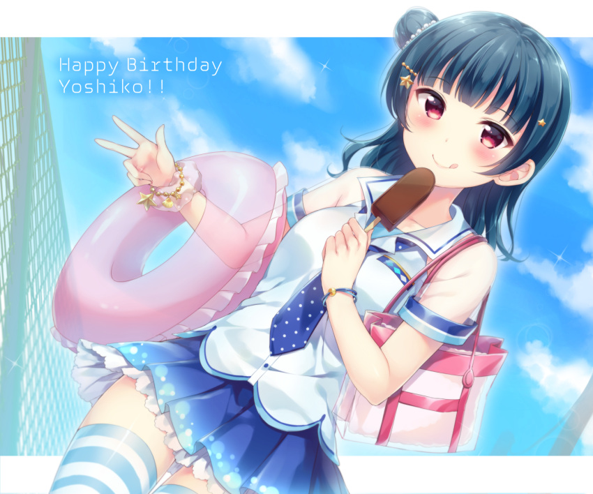 1girl :q bag bangs blue_hair blue_neckwear blue_skirt blush bracelet character_name collared_shirt commentary_request day dutch_angle eyebrows_visible_through_hair fence food hair_ornament hairpin handbag happy_birthday hazuki_(sutasuta) highres holding innertube jewelry looking_at_viewer love_live! love_live!_sunshine!! outdoors pink_scrunchie polka_dot polka_dot_neckwear polka_dot_scrunchie popsicle scrunchie shirt short_sleeves side_bun skirt smile solo star star_hair_ornament striped striped_legwear thigh-highs tongue tongue_out transparent_sleeves tsushima_yoshiko violet_eyes w wrist_scrunchie