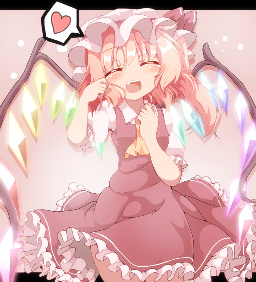 1girl :d ^_^ ascot blush closed_eyes closed_eyes commentary_request crystal do_(4-rt) facing_viewer fang flandre_scarlet frilled_skirt frills hat heart highres mob_cap open_mouth skirt skirt_set smile solo spoken_heart tears touhou wings